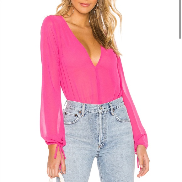 superdown Tops - Superdown Celene Sheer Hot Pink Deep V-Neck Bodysuit Wrist Ties Dopamine Look